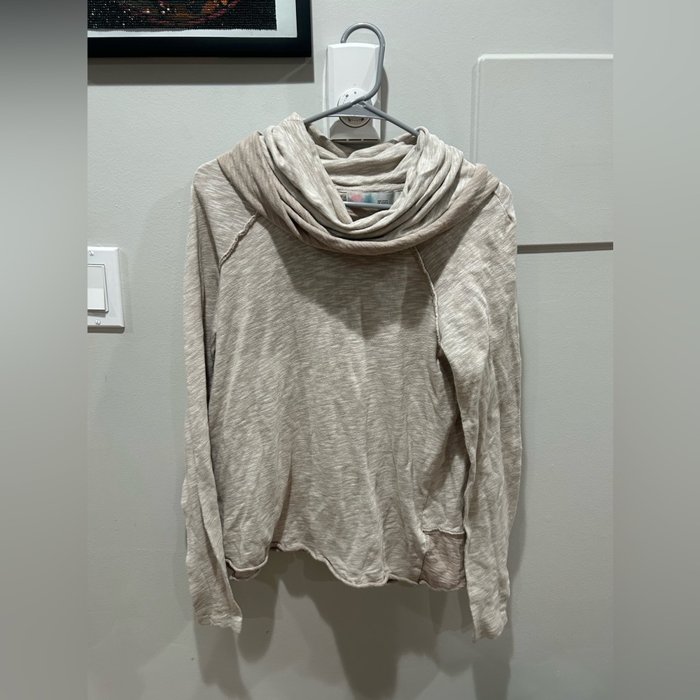 Free People Beach Sweater Womens XS/ SM Cowl Neck Pullover Tan Ivory 100% Cotton